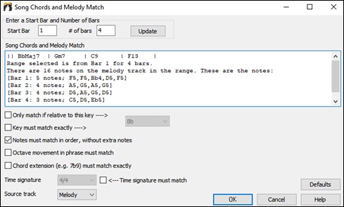 Song Chords and Melody Match dialog